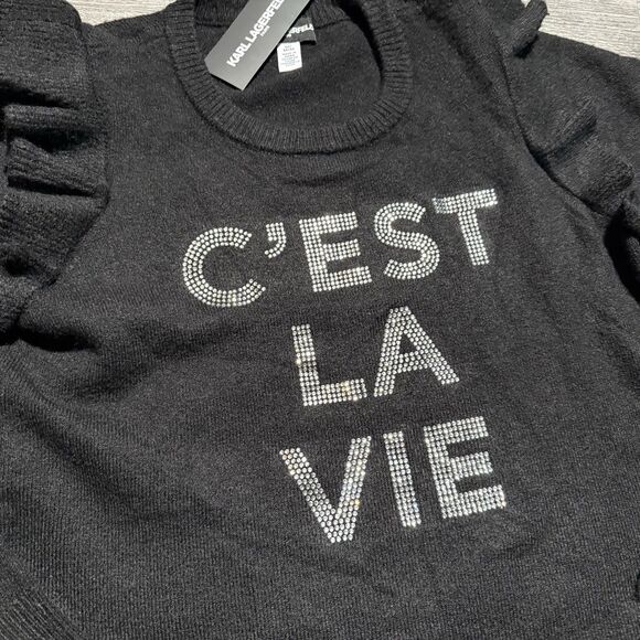 Karl Lagerfield Black C'est La Vie Flutter Sleeve Rhinestone Sweater NWT Medium - Picture 2 of 10
